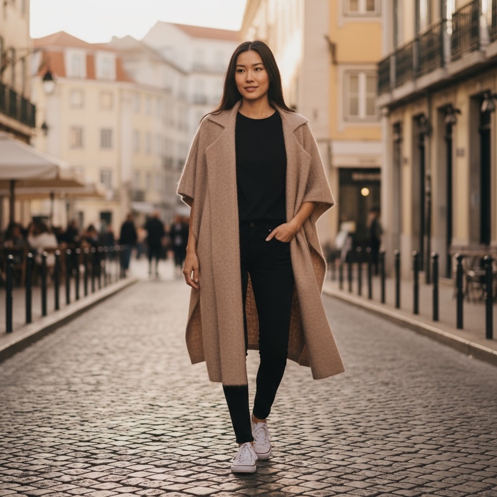 🆓 Shipping 100% Cashmere Open Front Long Coatigan- Oversized Camel Beige Wrap